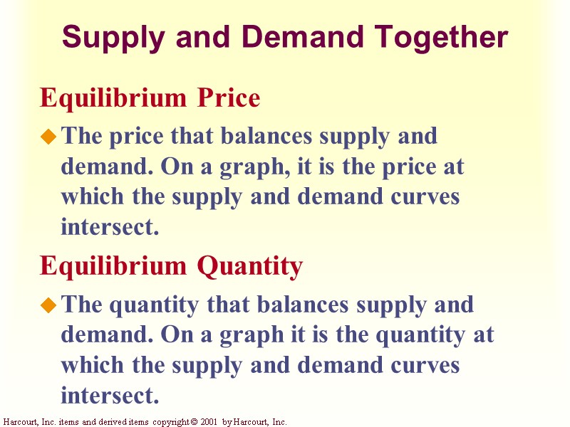 Supply and Demand Together Equilibrium Price The price that balances supply and demand. On